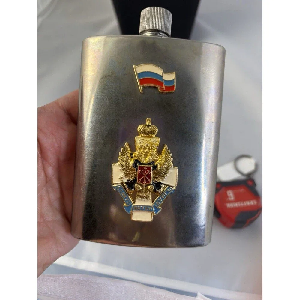 Vintage Beautiful Decorated Russian Enamel & Stainless Steel Flask 5.25 Inches